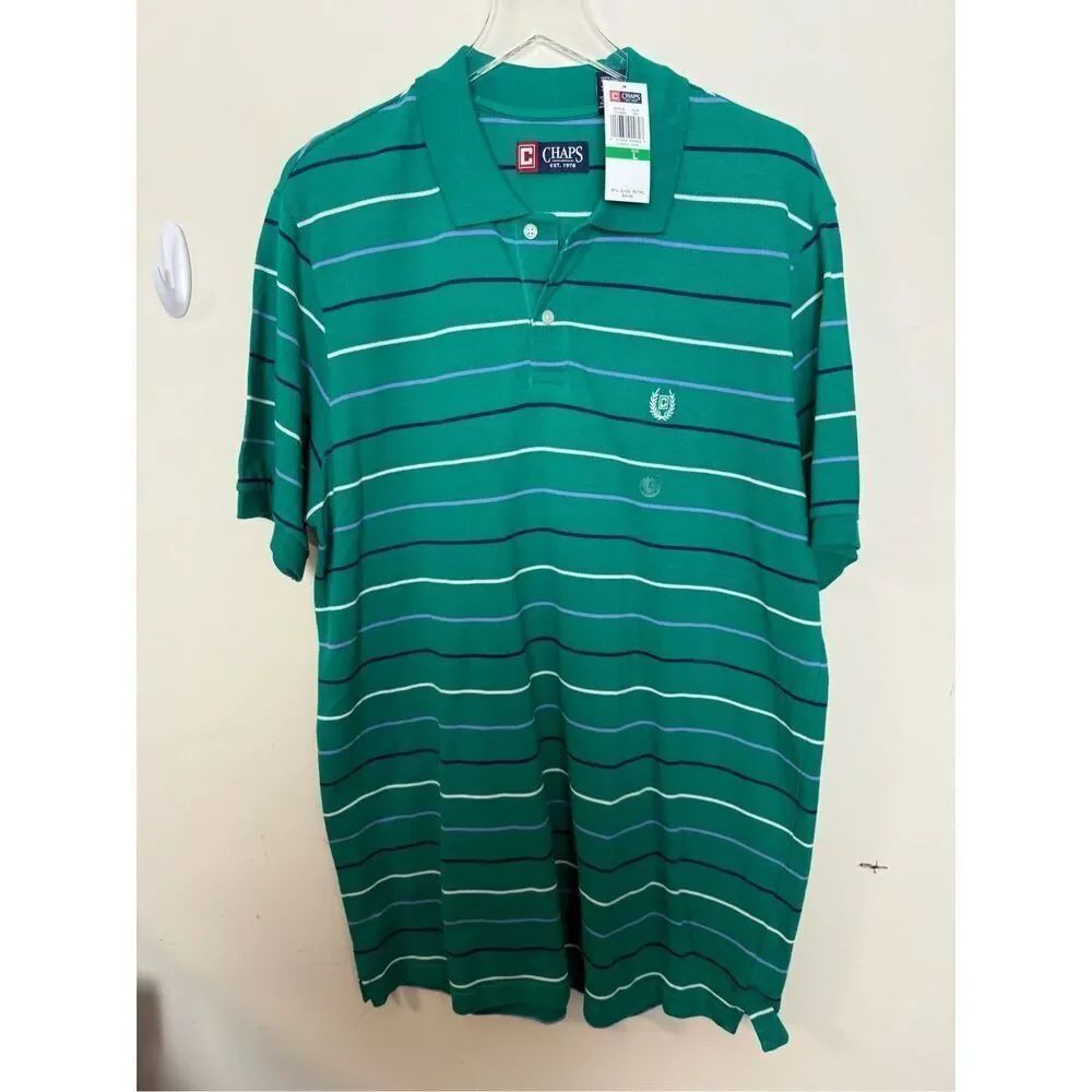 Chaps Men's Green Stripe Short Sleeve Polo NWT Large
